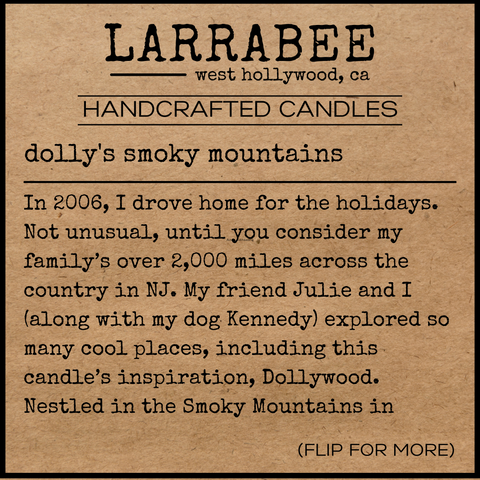 the story of the Dolly candle scent. In 2006, I drove home for the holidays. Not unusual, until you consider my family’s over 2,000 miles across the country in NJ. My friend Julie and I (along with my dog Kennedy) explored so many cool places, including this candle’s inspiration, Dollywood. Nestled in the Smoky Mountains in