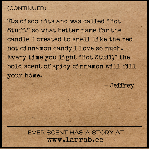 back of story card explaining the inspiration for the hot stuff scent