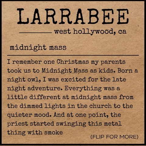 front of story card explaining the inspiration for the midnight mass scent