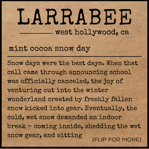 front of story card explaining the inspiration for the mint cocoa snow day scent