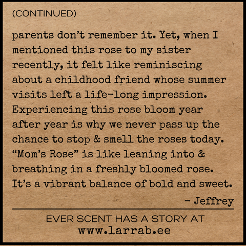 back of story card explaining the inspiration for the mom's rose scent