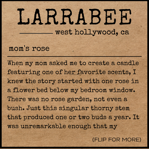 front of story card explaining the inspiration for the mom's rose scent