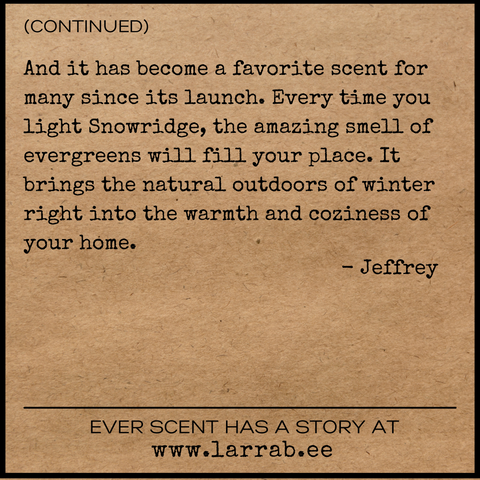 back of story card explaining the inspiration for the snowridge scent