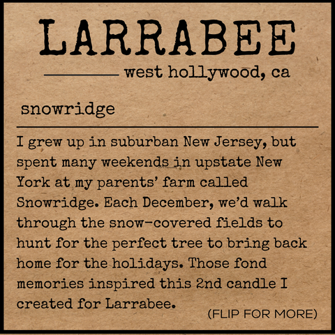 front of story card explaining the inspiration for the snowridge scent