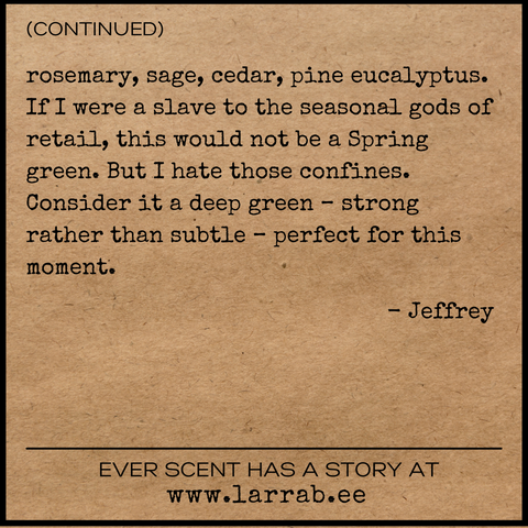back of story card explaining the inspiration for the so green scent