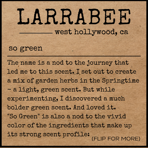 front of story card explaining the inspiration for the so green scent