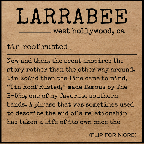 front  of story card explaining the inspiration for the tin roof rusted scent