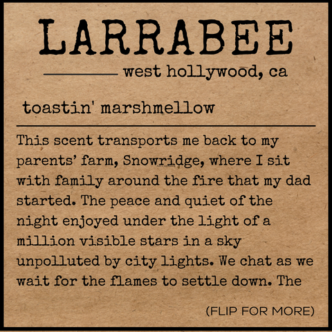 front of story card explaining the inspiration for the toastin' marshmellow scent