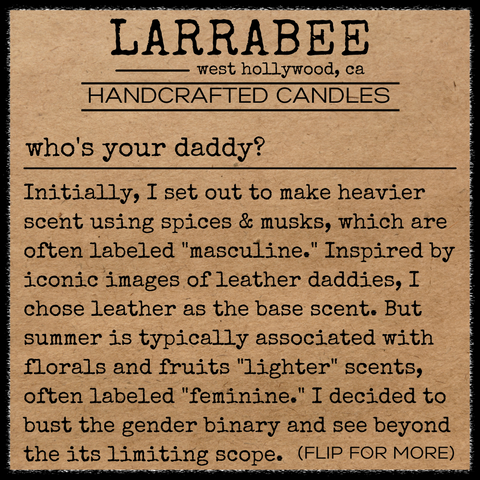 Story card front for Whos Your Daddy candle scent