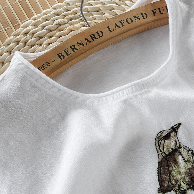 Funny Bird Cartoon Embroidery Linen T-shirt