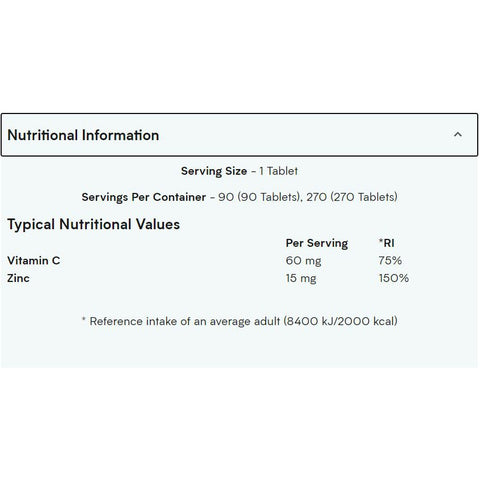 Myprotein Zinc, Improve immune & Metabolism 90 Tablets - nutritional information