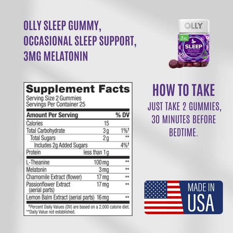 OLLY Sleep Gummy, Sleep Support, 3 - 5 mg Melatonin, 50 - 60 Gummies, Supplement Facts And Use