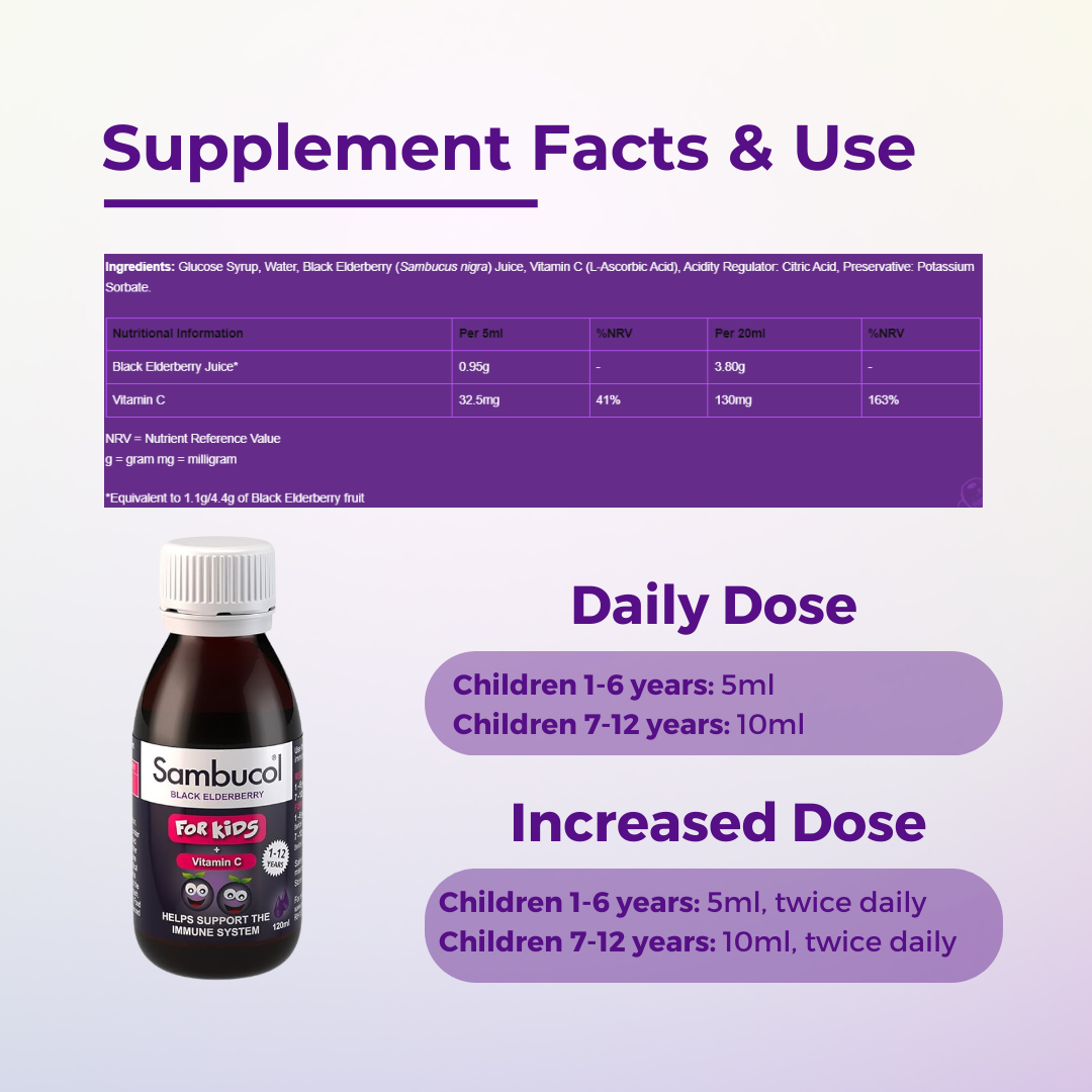 Sambucol Kids Liquid, PLUS Vitamin C, Support Immune System, Natural Flavor, 120ml - 230ml, Supplement Facts and Use