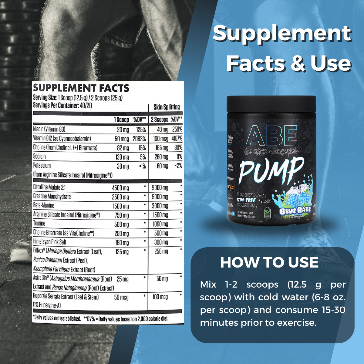 ABE, Pump, Stim-Free Pre Workout Powder, Various Flavor, 17.63 oz (500 g), Supplement Facts and Use