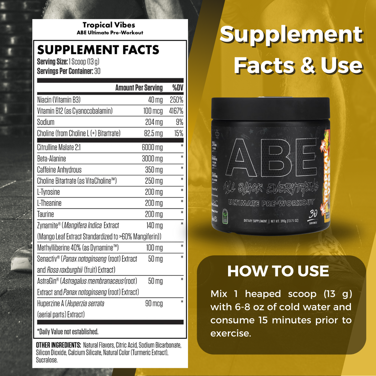 ABE, Ultimate Pre-Workout, Baddy Berry, 30 Servings, 13.75 oz (390 g), Supplement Fact and Use