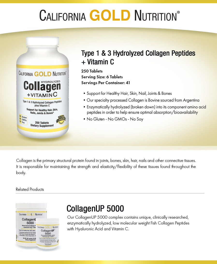 California Gold Nutrition, Hydrolyzed Collagen Peptides + Vitamin C, Type 1 & 3, 6,000 mg Per Serving, 250 Tablets