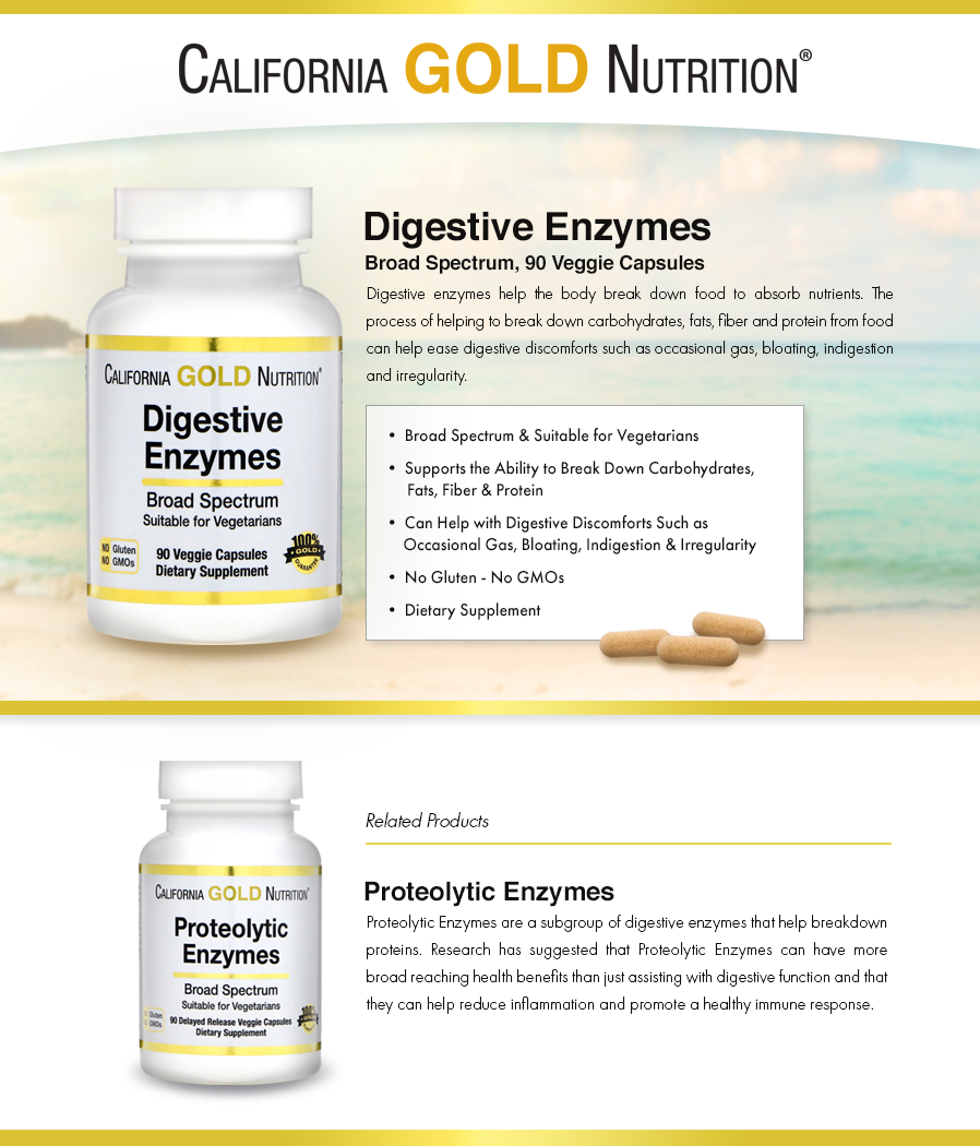 California Gold Nutrition, Digestive Enzymes, Broad Spectrum, 90 Veggie Capsules