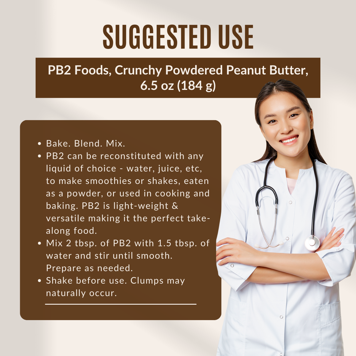 PB2, Crunchy Powdered Peanut Butter, 184 g, suggest use