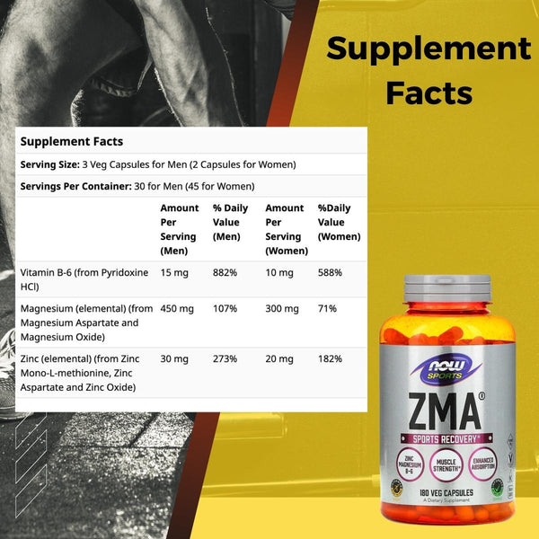 Now Sports, ZMA For Post Workout Recovery, Cellular Growth & Tissue Repair, Support Immune System, 90 -180 Veg Capsules - supplement facts