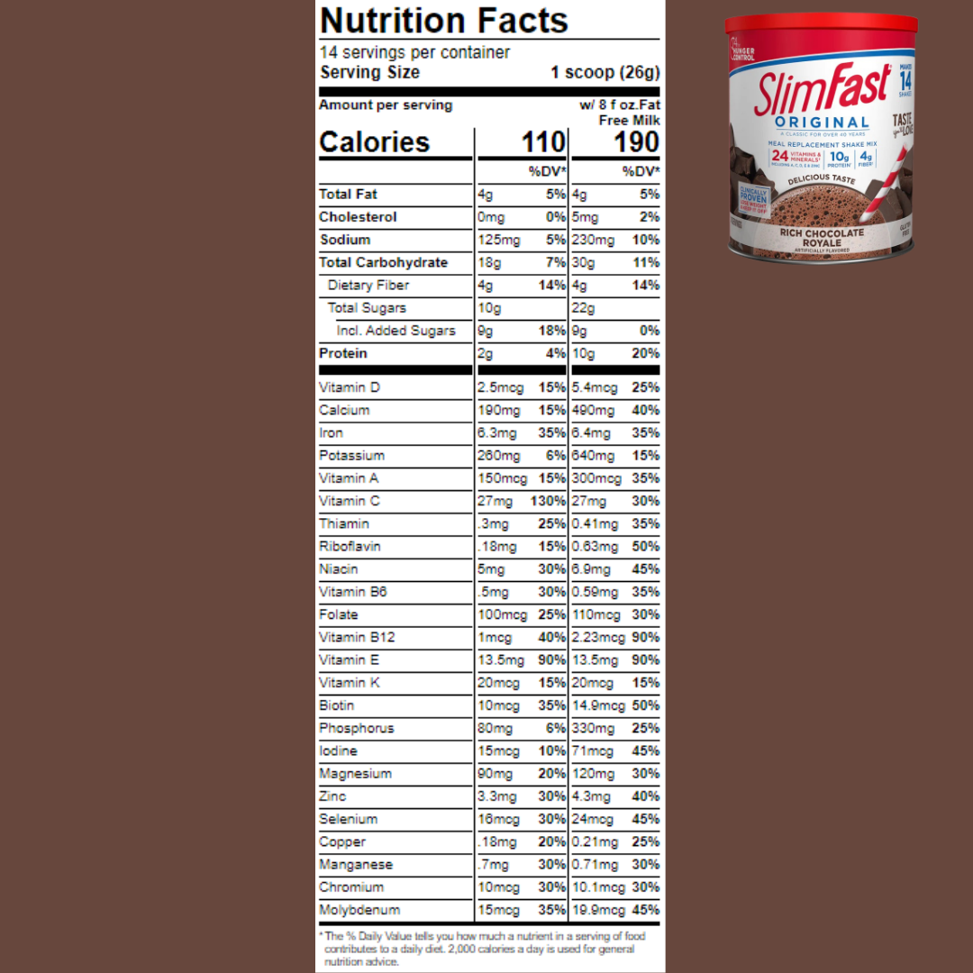 SlimFast Original & Diabetic Meal Replacement Shake - Nutrition facts