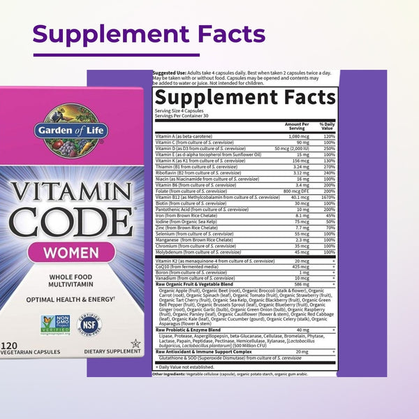 Garden of Life Multivitamin for Women - Vitamin Code - supplement facts