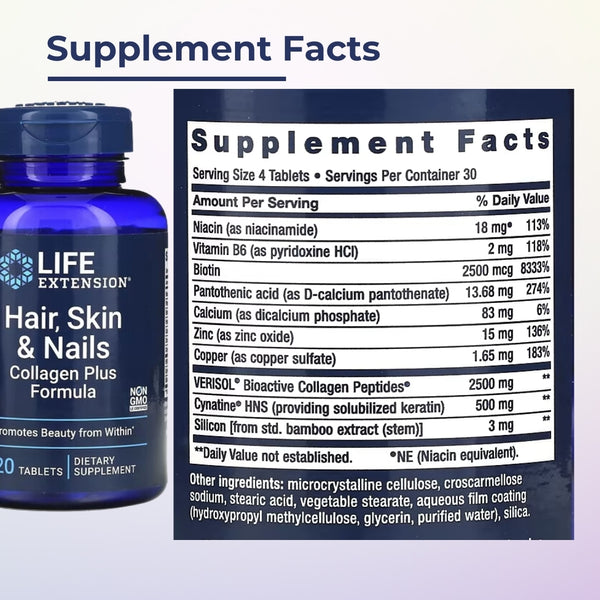 Life Extension, Hair, Skin & Nails, Collagen Plus Formula, 120 Tablets - supplement facts