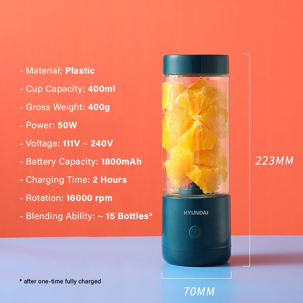 Hyundai Portable Automatic Blender Bottle  Personal Fruit Juicer  Protein Shaker 4 Blades 400ml - features