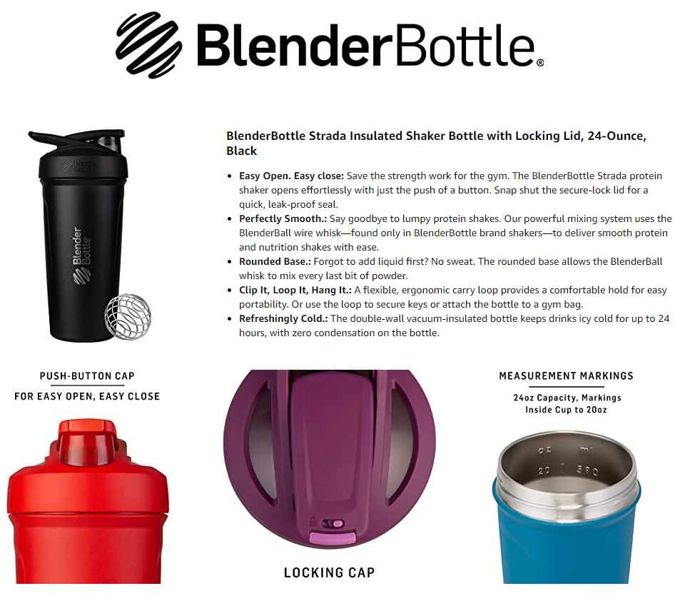Blender Bottle STRADA Insulated Stainless Steel with Lock Lid keeps COLD Water Protein Shaker, 24 oz
