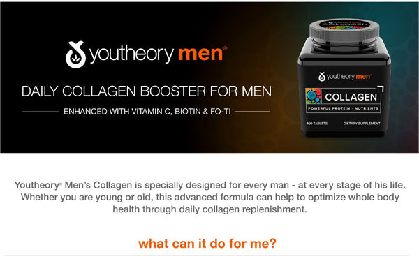 Youtheory, Collagen for Men  Powerful Protein + Essential Nutrients Vitamin C & Biotin  5000mg Pure Collagen Peptides - introduction