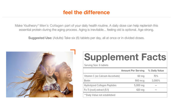 Youtheory, Collagen for Men  Powerful Protein + Essential Nutrients Vitamin C & Biotin  5000mg Pure Collagen Peptides - supplements facts