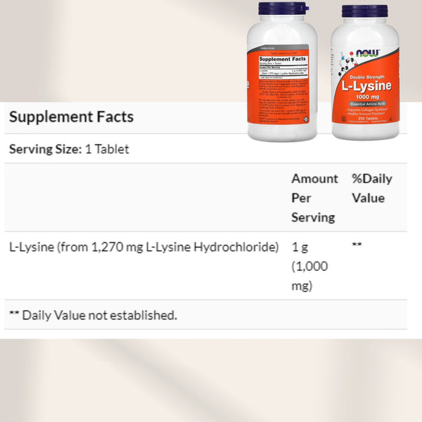 Now Foods Double Strength L- Lysine 1000mg, 100-250 Tabs - supplement facts