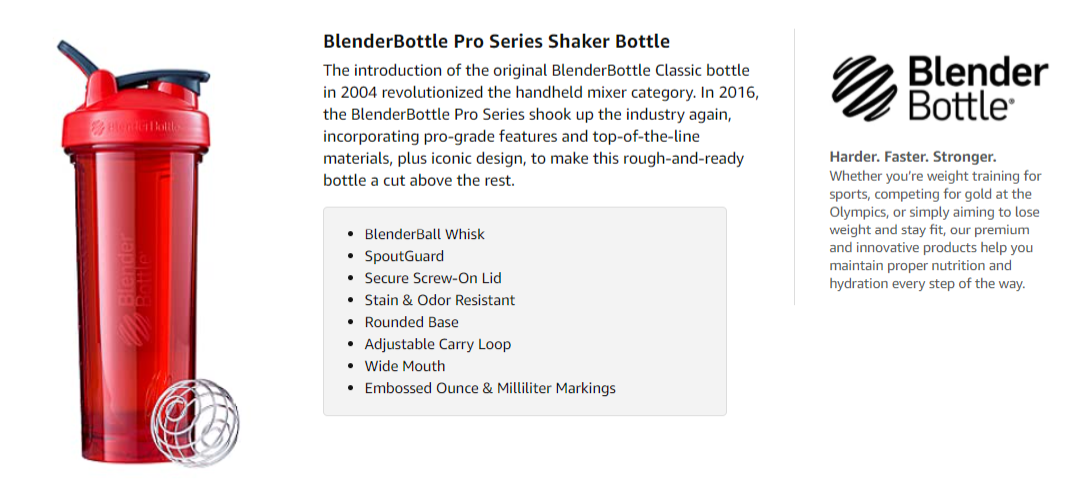 BlenderBottle Pro32, Plastic Shaker Bottle - 32 oz