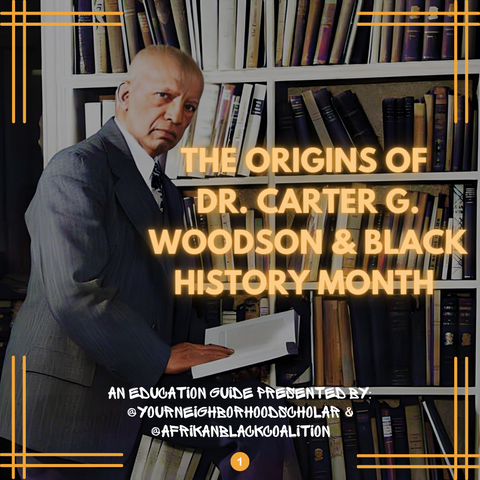 Dr. Carter G. Woodson, a light-brown complexioned Black man in a suit, standing in front of a book case while peering directly into the camera lens of the photographer.