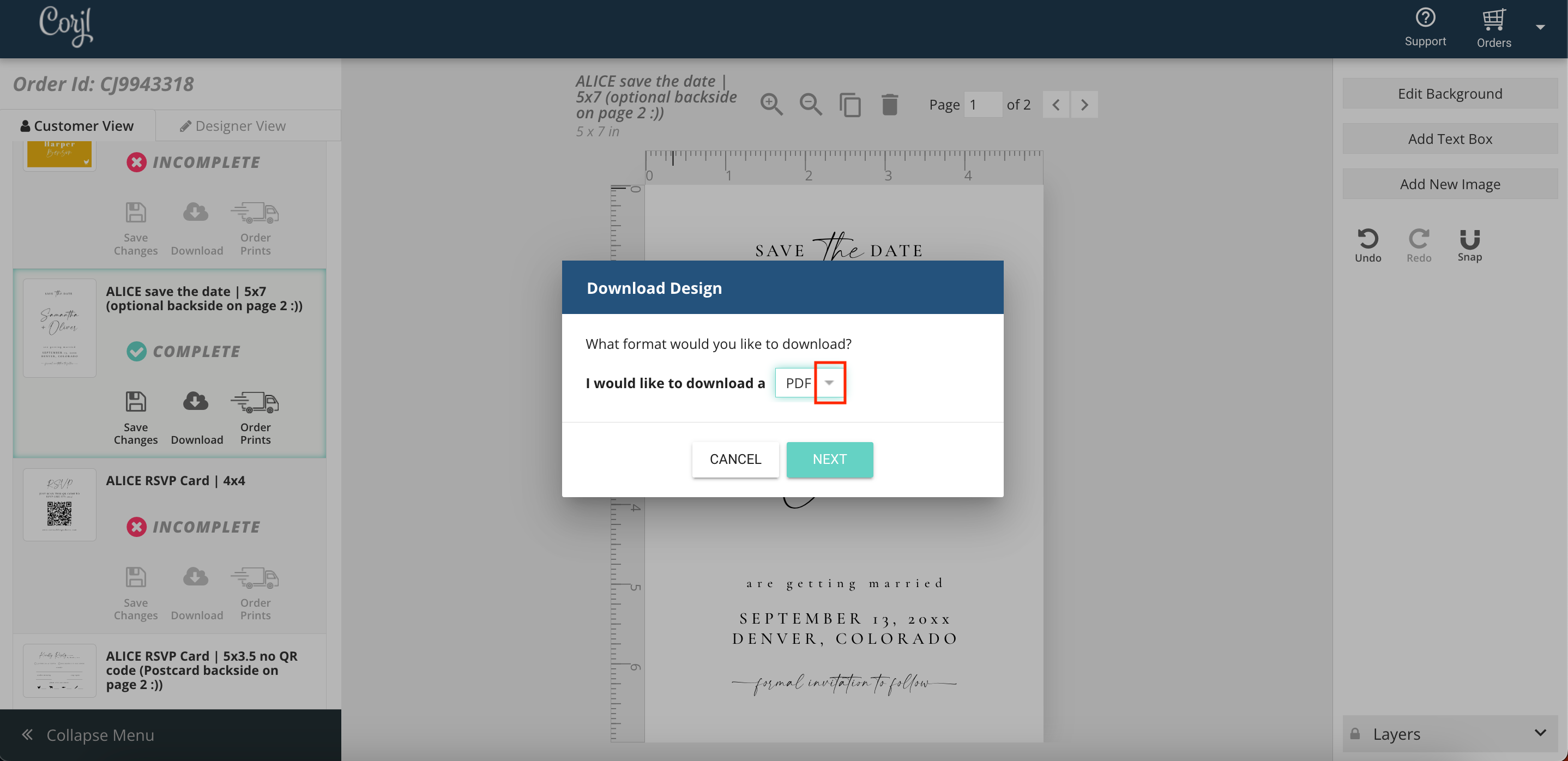 Corjl editing screen showing the download option drop down menu arrow