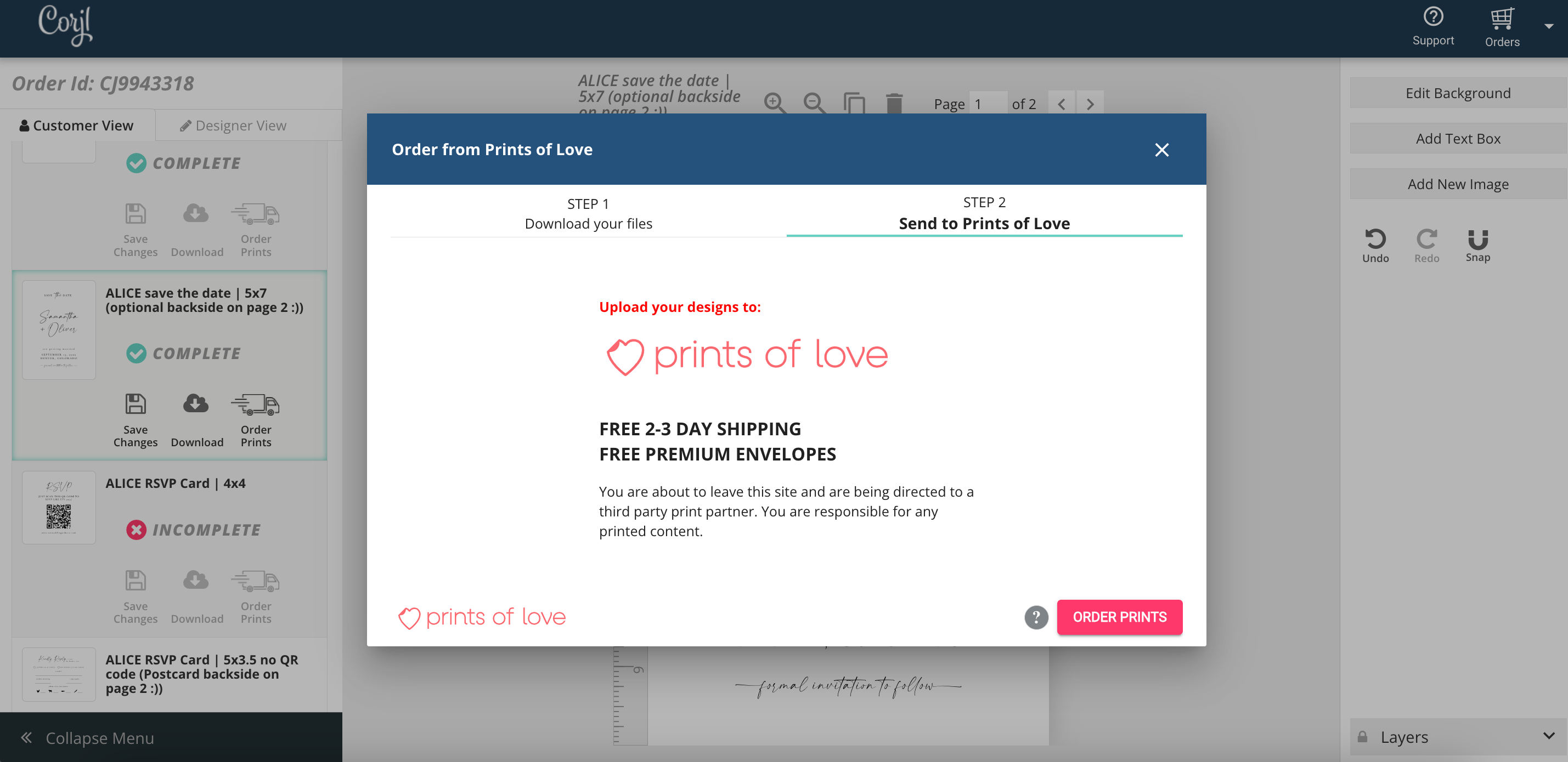 Corjl Screen showing the prints of love screen