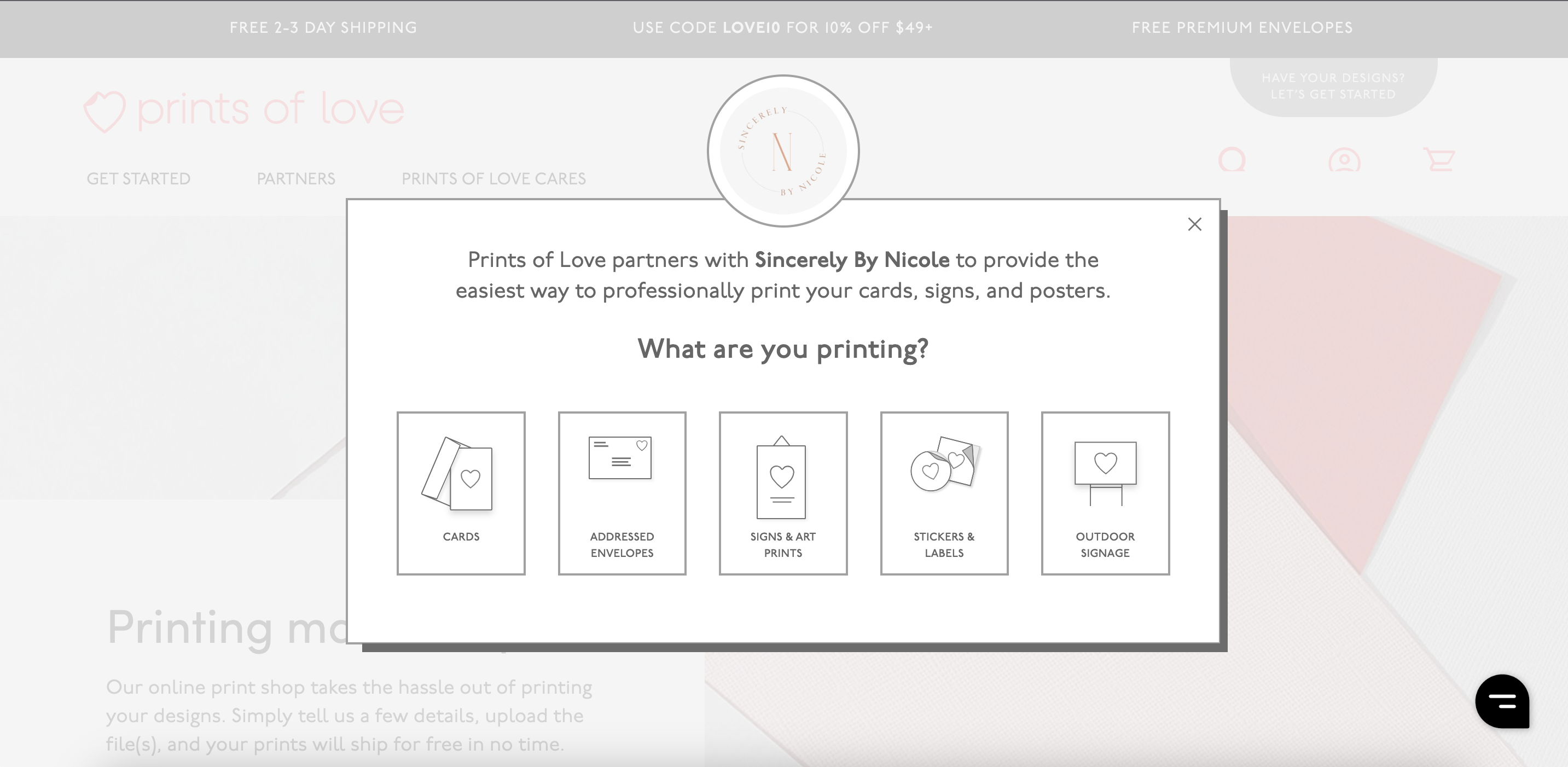 Prints of love screen showing the initial options