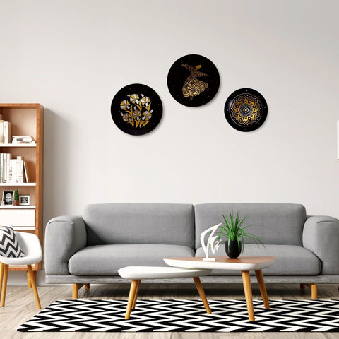 Black Plates Over Couch in Living Room