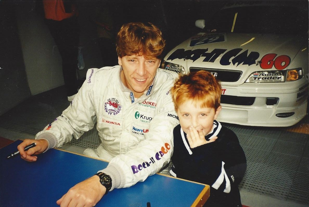 Bradley Gravett as child with BTCC British Touring Car Champion father Robb Gravett in the 1997 super touring Honda Accord Graves Motorsport Mini Challenge JCW Cooper Racing Driver LIQUI MOLY LM Performance Omologato Watches Thinking it Better