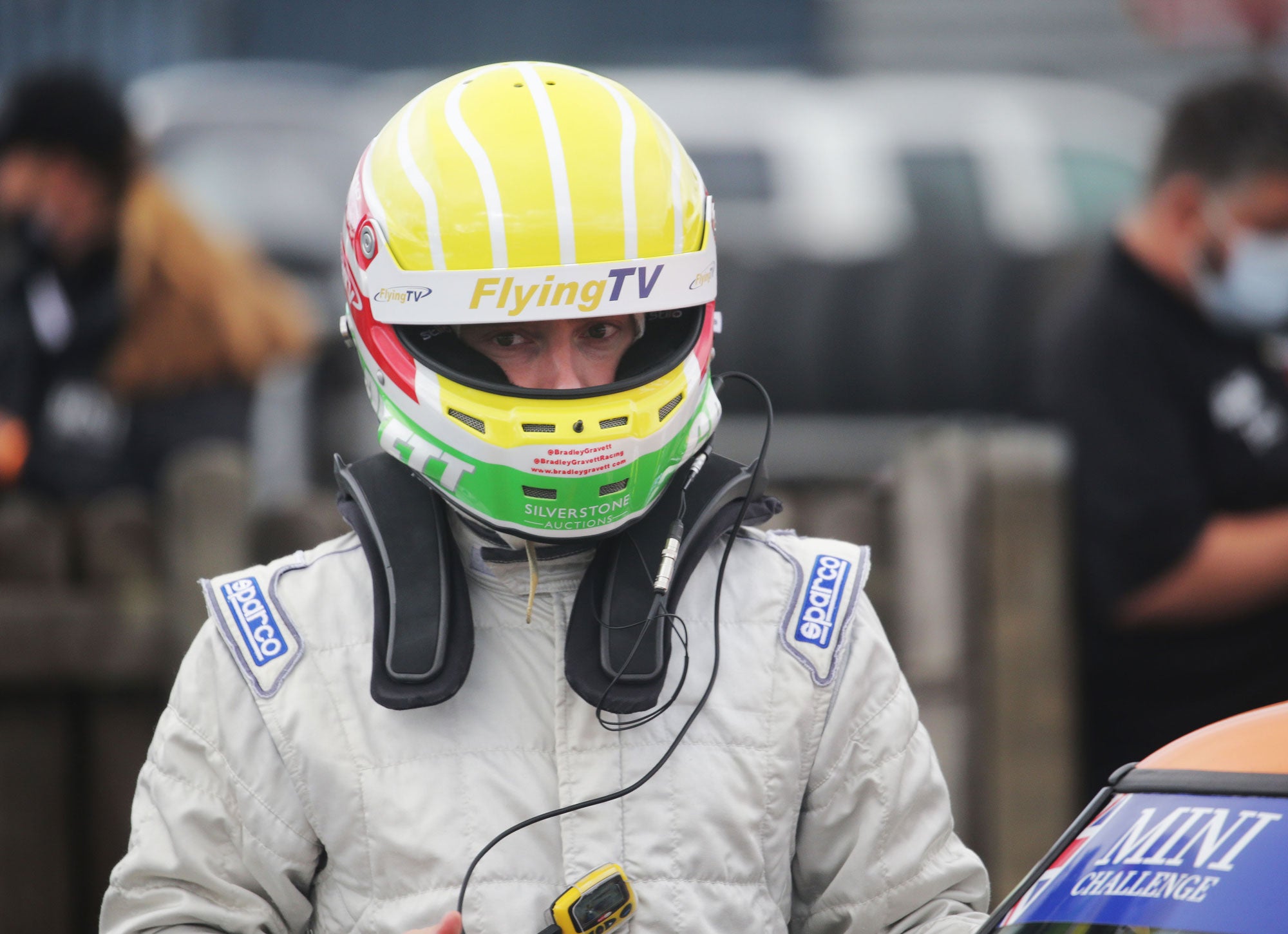 Bradley Gravett son of BTCC British Touring Car Champion Robb Gravett in the Cooper Trophy at Croft in 2020 Standing in Assembly Area Graves Motorsport Mini Challenge JCW Cooper Racing Driver LIQUI MOLY LM Performance Thinking it Better