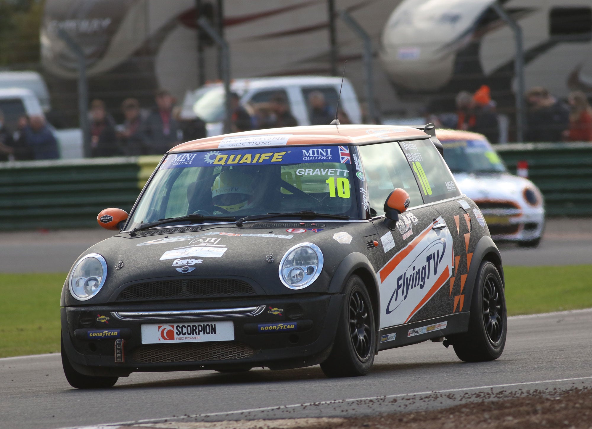 Bradley Gravett son of BTCC British Touring Car Champion Robb Gravett in the Cooper Trophy at Croft in 2020 Through Turn Two into Chicane Graves Motorsport Mini Challenge JCW Cooper Racing Driver LIQUI MOLY LM Performance Thinking it Better