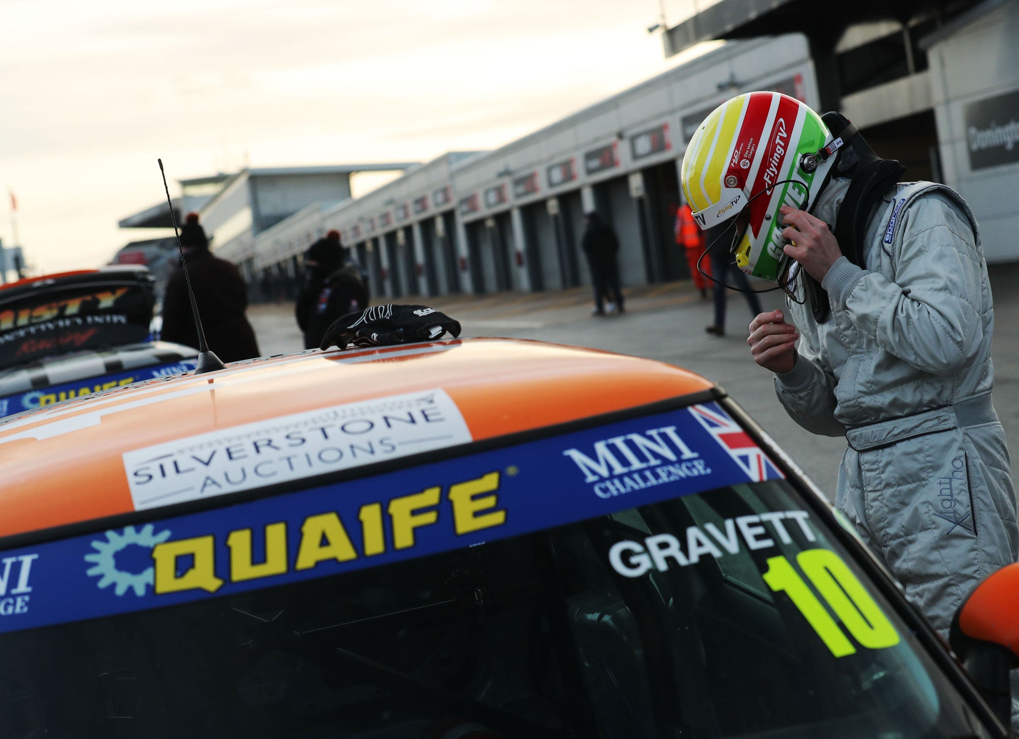 Bradley Gravett son of BTCC British Touring Car Champion Robb Gravett in the Cooper Trophy at Donington in 2020 Standing by Car Graves Motorsport Mini Challenge JCW Cooper Racing Driver LIQUI MOLY LM Performance Thinking it Better