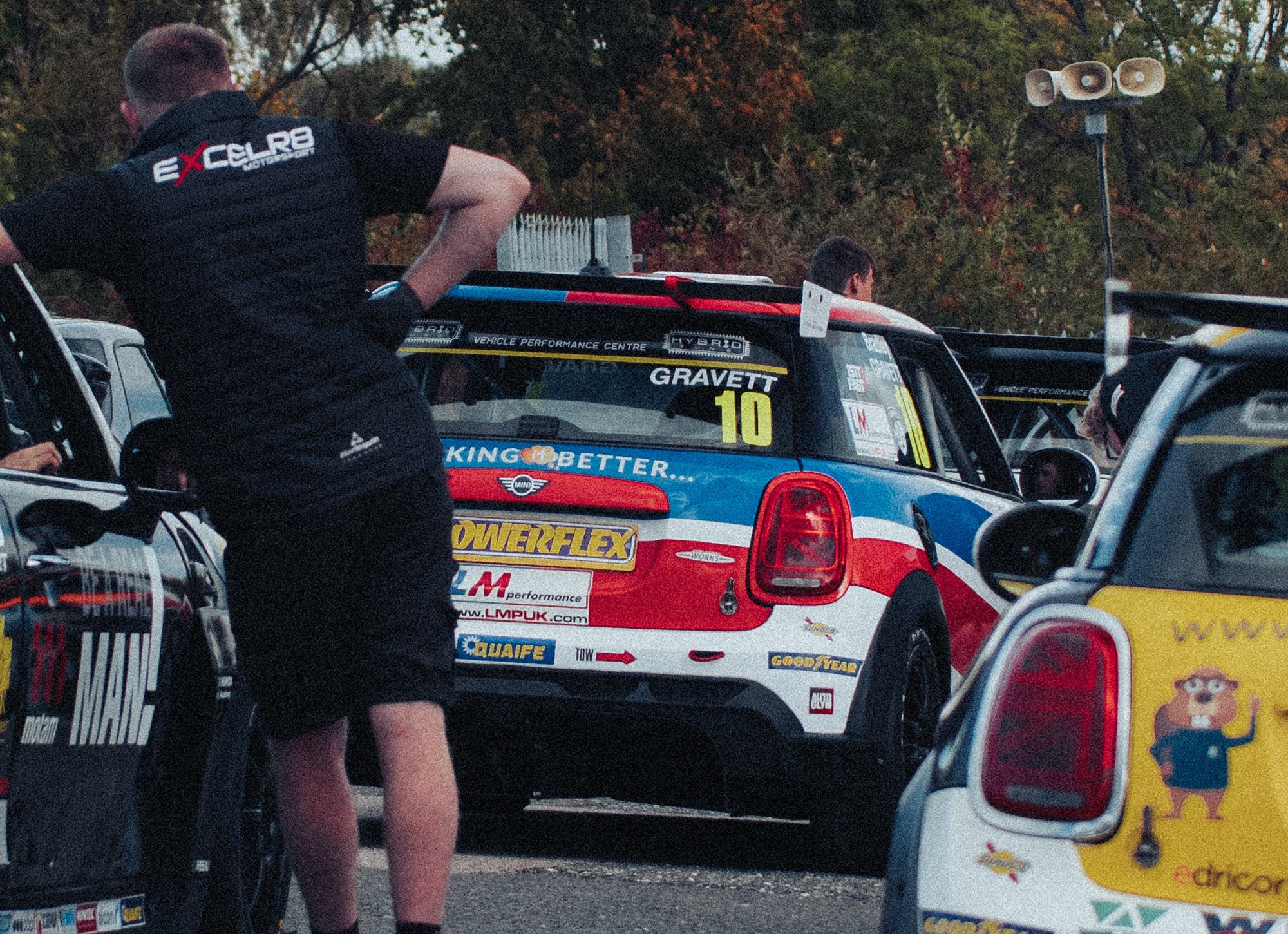 Bradley Gravett son of BTCC British Touring Car Champion Robb Gravett in the MINI Challenge JCW Series 2022 Driving at Brands Hatch GP waiting in parc ferme after race EXCELR8 Motorsport LIQUI MOLY LM Performance Scalextric DriverAssist.me