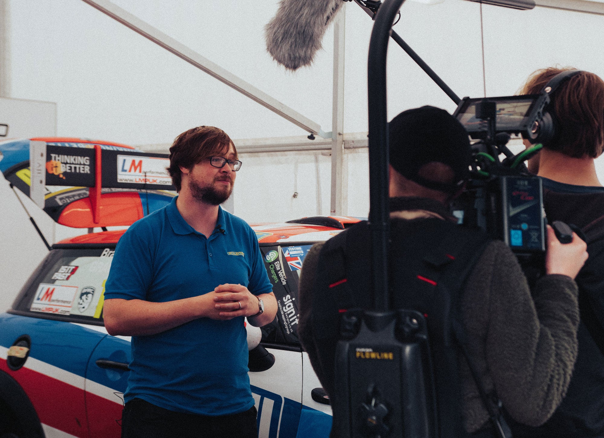 Bradley Gravett son of BTCC British Touring Car Champion Robb Gravett in the MINI Challenge JCW Series 2022 at Brands Hatch GP Simon from Scalextric being Interviewed by PolyChrome Studios Benefits of Sponsoring Bradley in the MINI Challenge