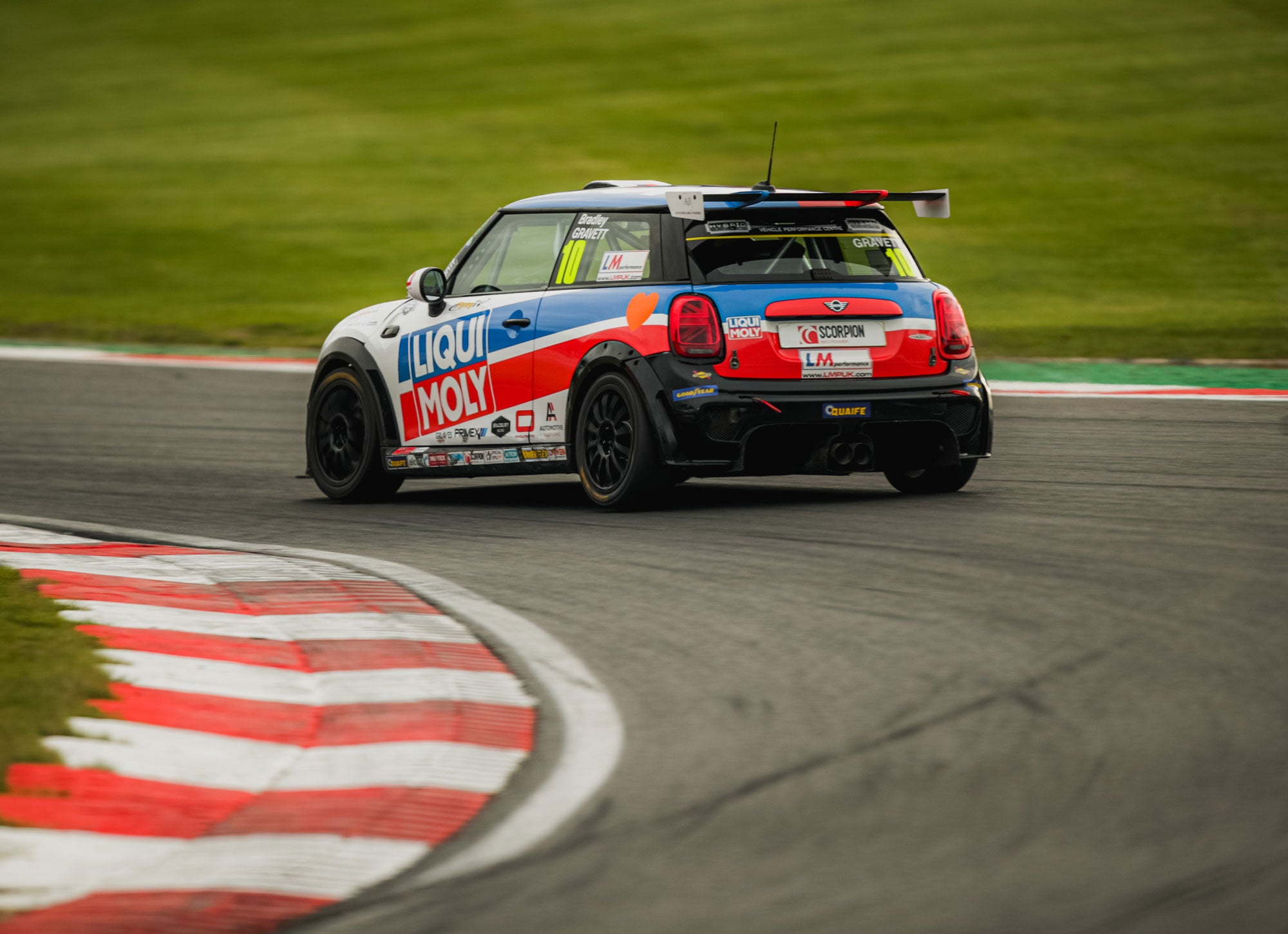 Bradley Gravett son of BTCC British Touring Car Champion Robb Gravett in the MINI Challenge JCW Series at Brands Hatch GP in 2021 Mid Way Through Surtees Graves Motorsport Cooper Racing Driver LIQUI MOLY LM Performance Thinking it Better