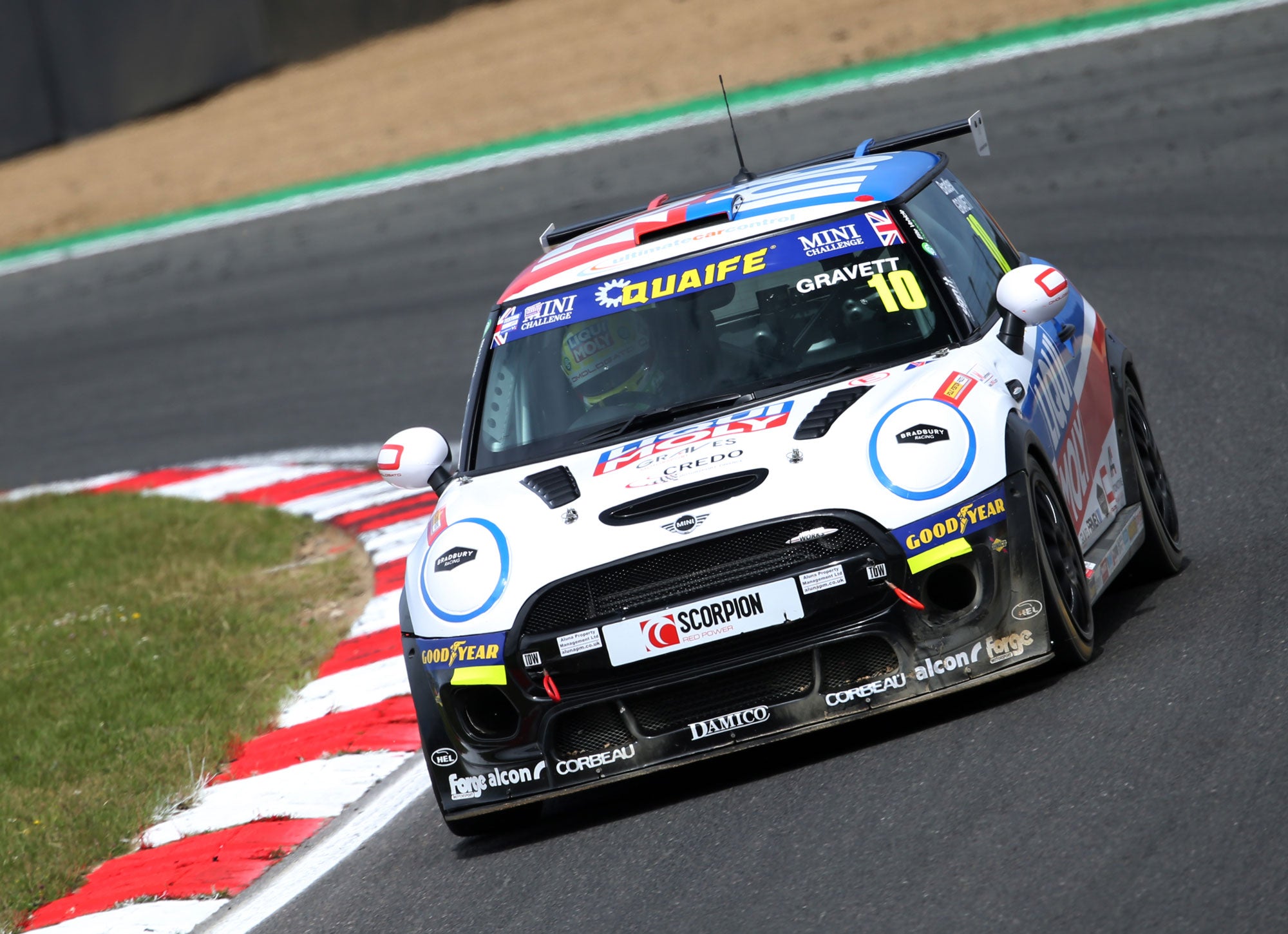 Bradley Gravett son of BTCC British Touring Car Champion Robb Gravett in the MINI Challenge JCW Series at Brands Hatch Indy in 2021 Through Paddock Hill Bend Graves Motorsport Cooper Racing Driver LIQUI MOLY LM Performance Thinking it Better