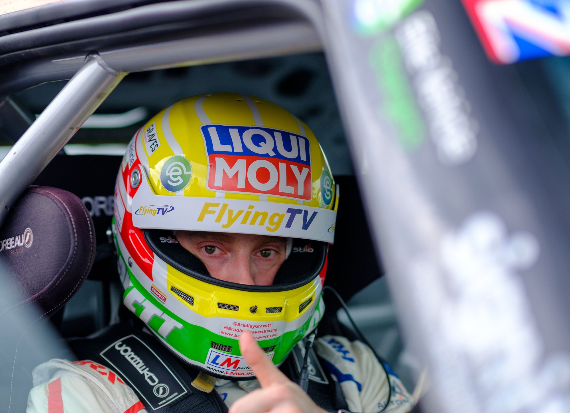 Bradley Gravett son of BTCC British Touring Car Champion Robb Gravett in the MINI Challenge JCW Series at Brands Hatch Indy in 2022 Bradley Sat in Car Giving Thumbs Up Graves Motorsport Cooper Racing Driver LIQUI MOLY LM Performance