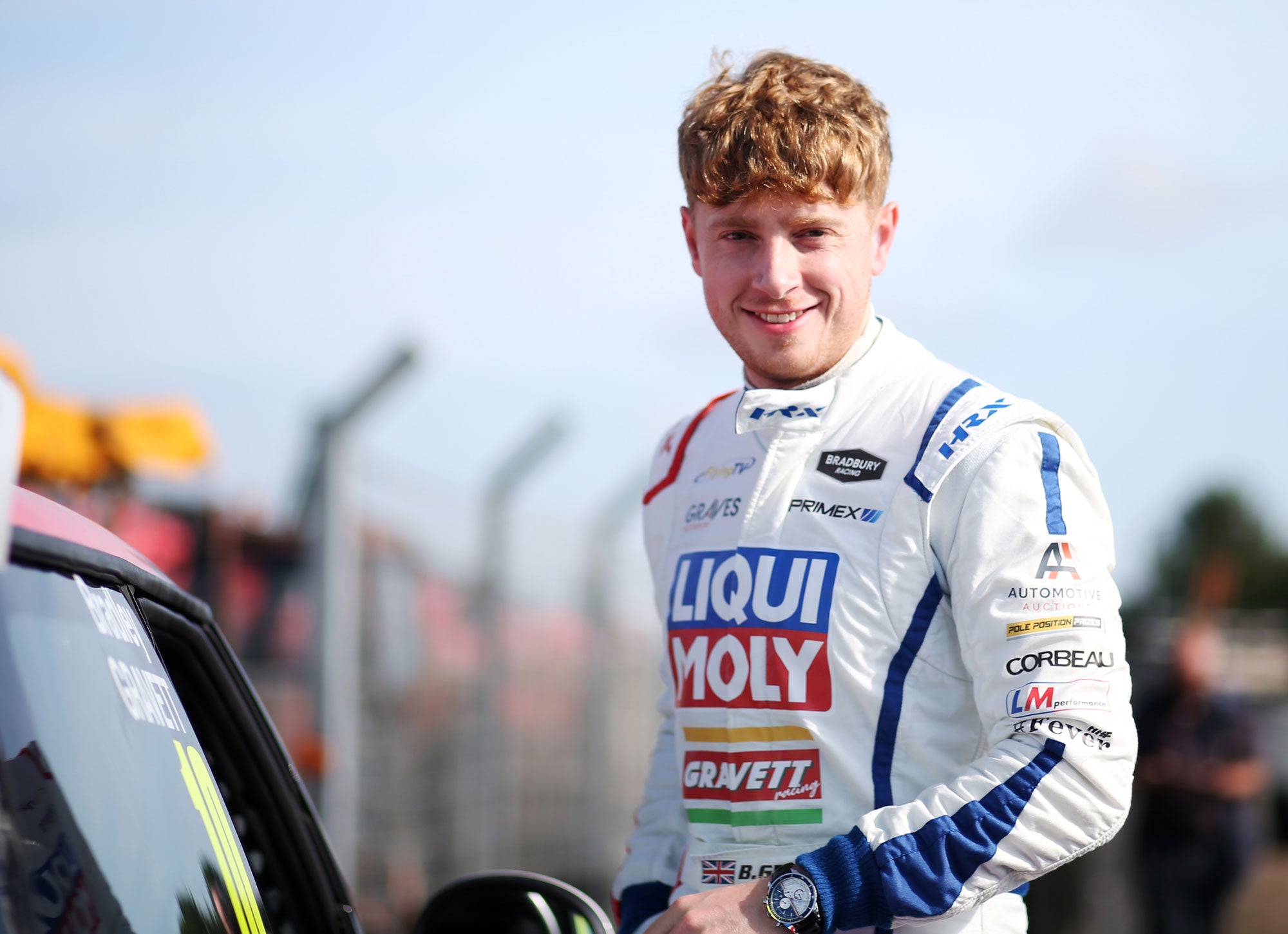 Bradley Gravett son of BTCC British Touring Car Champion Robb Gravett in the MINI Challenge JCW Series at Croft in 2021 Picture of Bradley Smiling Graves Motorsport Cooper Racing Driver LIQUI MOLY LM Performance Thinking it Better