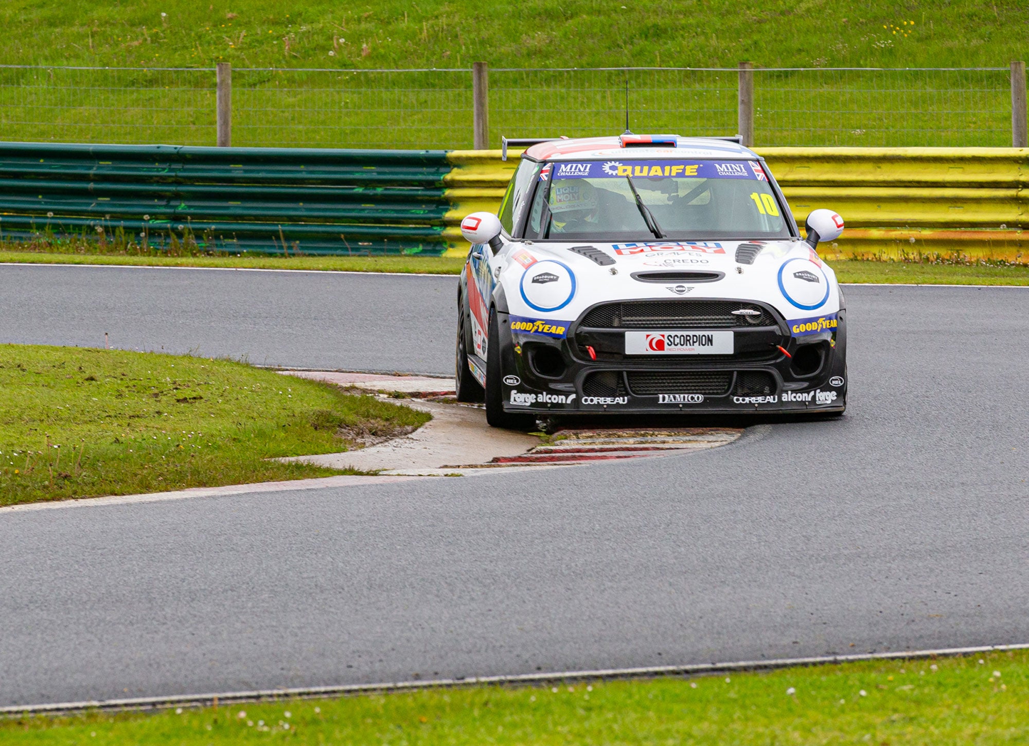 Bradley Gravett son of BTCC British Touring Car Champion Robb Gravett in the MINI Challenge JCW Series at Croft in 2021 Tyre Test Complex Right Graves Motorsport Cooper Racing Driver LIQUI MOLY LM Performance Thinking it Better