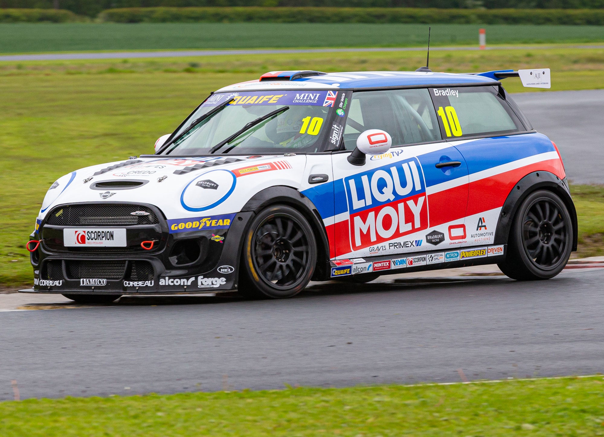 Bradley Gravett son of BTCC British Touring Car Champion Robb Gravett in the MINI Challenge JCW Series at Croft in 2021 Tyre Test Complex Right Graves Motorsport Cooper Racing Driver LIQUI MOLY LM Performance Thinking it Better 2