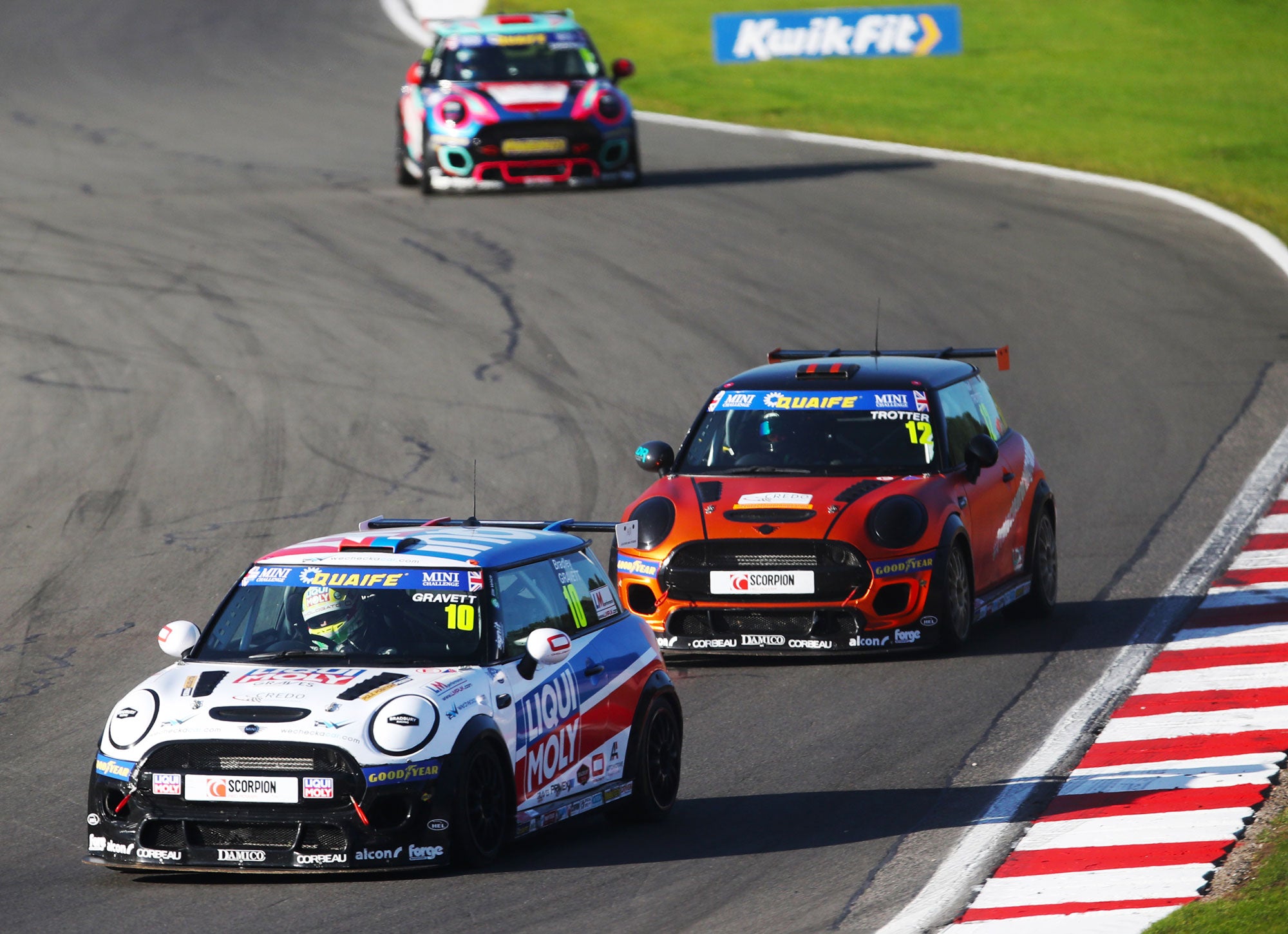 Bradley Gravett son of BTCC British Touring Car Champion Robb Gravett in the MINI Challenge JCW Series at Donington in 2021 Entry of The Old Hairpin with Lottery Winner Neil Trotter Graves Motorsport Cooper Racing Driver LIQUI MOLY LM Performance